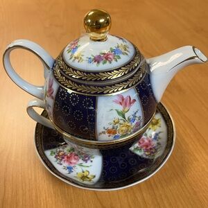 Vintage Lillian Vernon Porcelain Teapot, Teacup and Saucer Hand Painted MINT